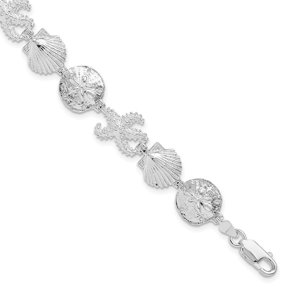 925 Sterling Silver Rhod-plated Polished Starfish,Shell,Sand Dollar Bracelet